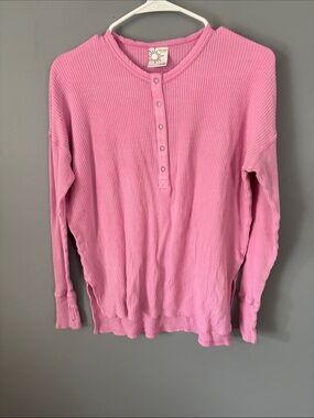 Women's Pink Waffle Henley Short Sleeve Top - Sunwashed